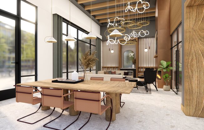 Resident lounge with gathering space, fireplace, and comfortable seating.
