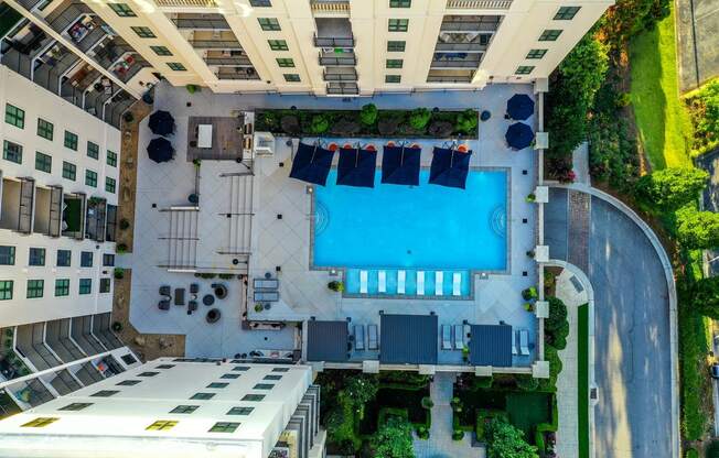 arial view of a swimming pool in the middle of a building
