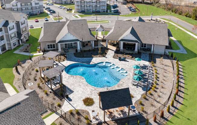 Aerial of The Alexandria resort style swimming pool in Madison,AL