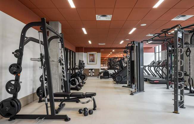 A gym with a variety of equipment including dumbbells, weight machines, and a bench press.