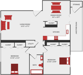 2 beds, 1 bath, 870 sqft, $1,095