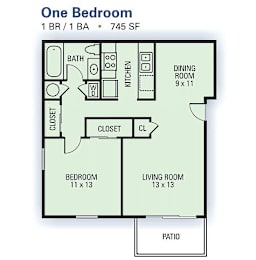 1 bed, 1 bath, 745 sqft, $900