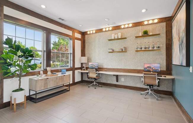 A room with a desk, chairs, and a potted plant.