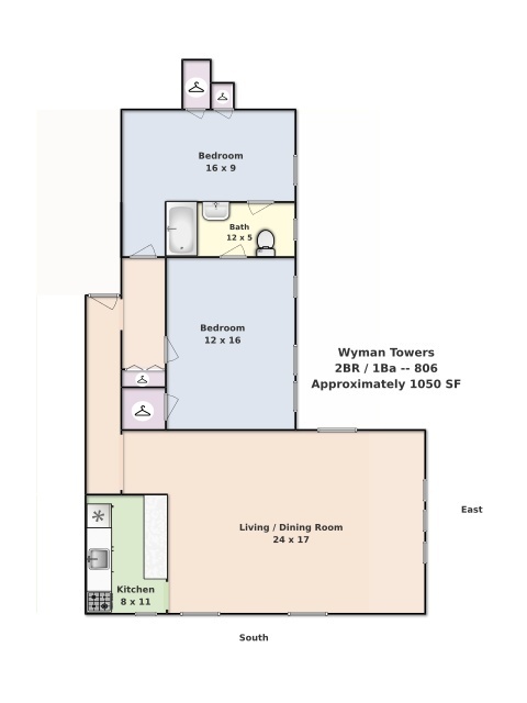 2 beds, 1 bath, 1,050 sqft, $2,025, Unit 806