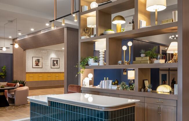 A modern kitchen with a blue tile counter.