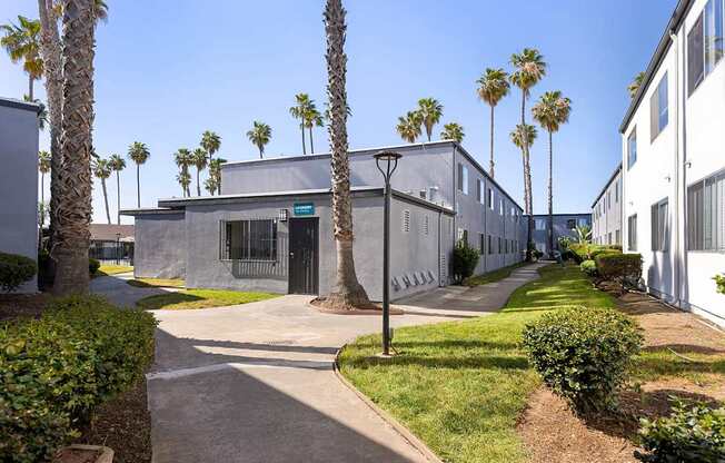 A building with a grey facade is surrounded by palm trees.