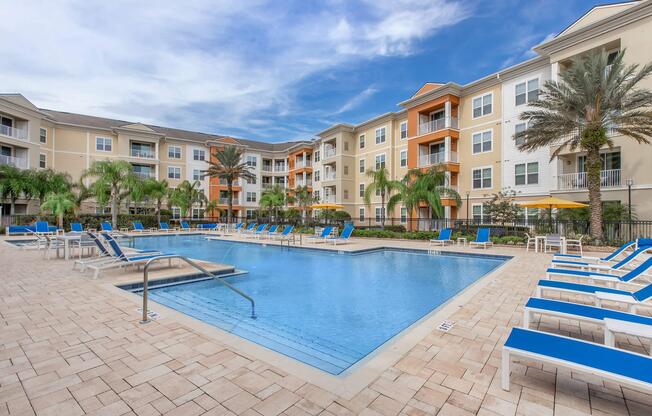 a pool next to a building