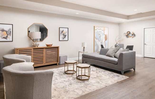 A living room with a grey couch, a wooden sideboard, and a rug.