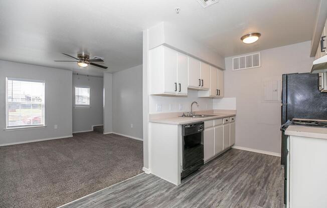 a kitchen with a sink and a mirror