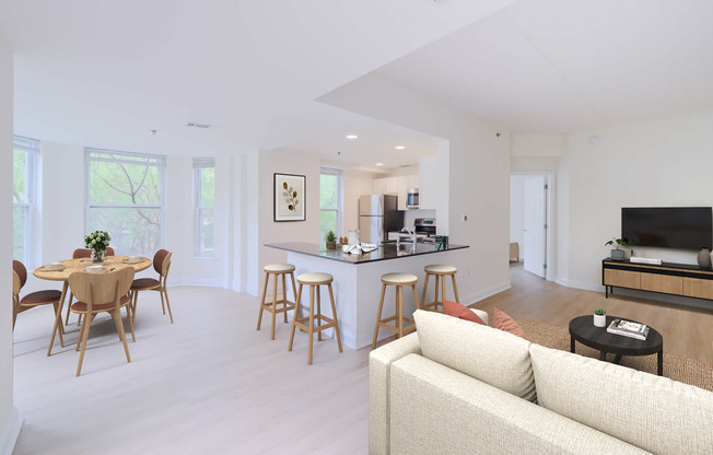 Kitchen with Living and Dining Room Spaces