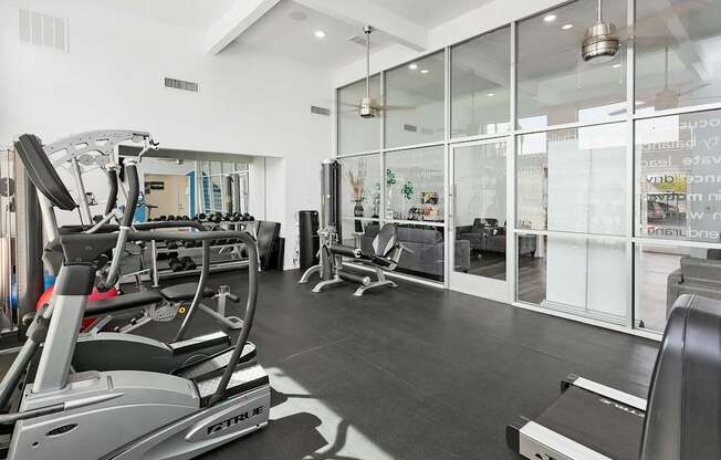 A gym with treadmills and other exercise equipment.