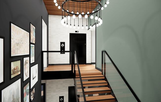 a rendering of a staircase with wood floors and a large chandelier
