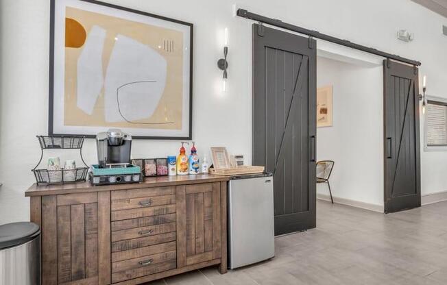 a kitchen with a counter and a refrigerator and a sliding door at Marina Point, Chattanooga Tennessee