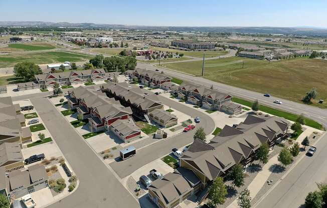 an aerial view of a neighborhood of houses in a suburban neighborhood at King West One, Billings, MT