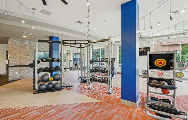 a gym with weights and a punching bag on the floor