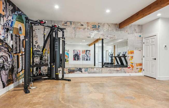 A gym with a wall of art and a squat rack.