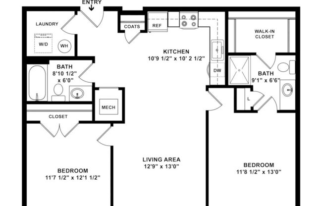 2 beds, 2 baths, 964 sqft, $1,234