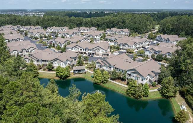 an aerial view of a neighborhood with a lake and houses