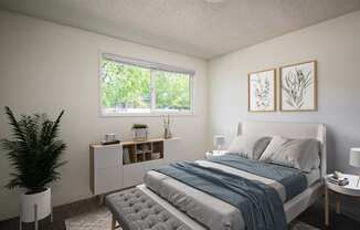 A bedroom with a bed, nightstand, and a plant.