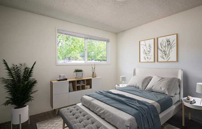 A bedroom with a bed, nightstand, and a plant.