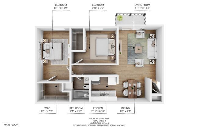 2 beds, 1 bath, 740 sqft, $850, Unit 3700-01