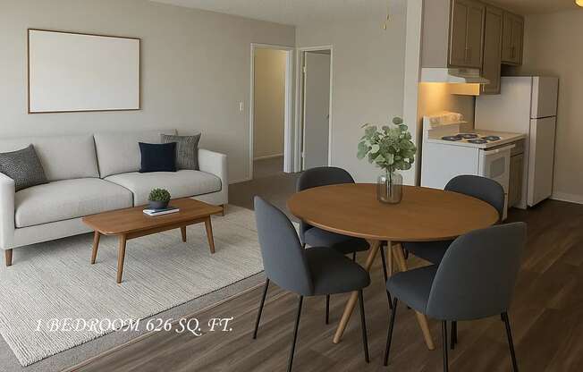 A living room with a dining table and chairs.