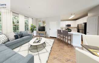 a rendering of a living room and kitchen with geometric shapes on the floor  at Mission Hills, Camarillo, California