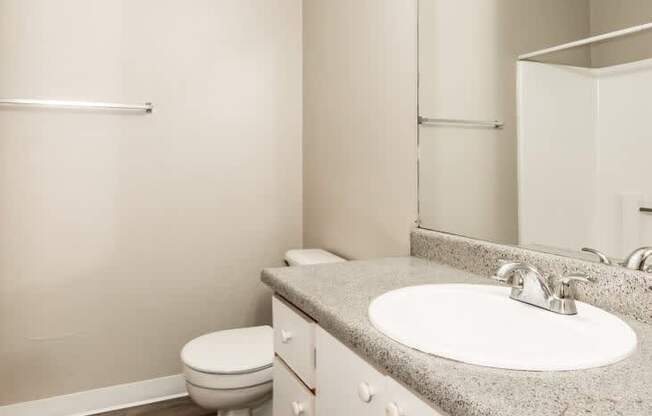 A bathroom with a toilet, sink, and mirror.