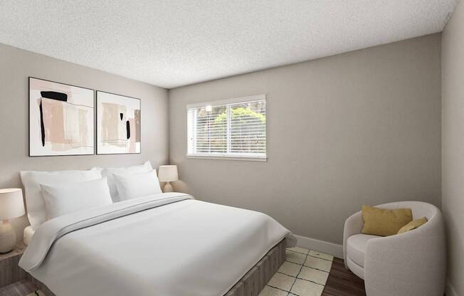 A bedroom with a large bed and a yellow chair.