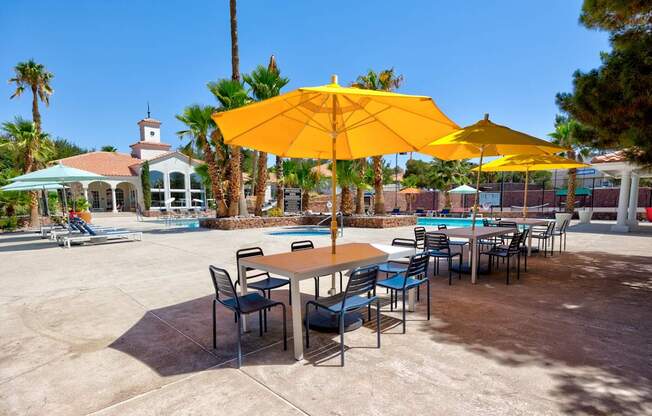 a group of tables with umbrellas and chairs in a pool
