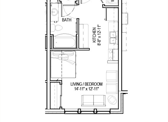 Studio, 1 bath, 438 sqft, $1,125, Unit 109