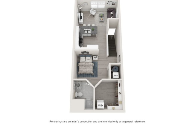 a floor plan of a studio apartment with a bedroom and a living room