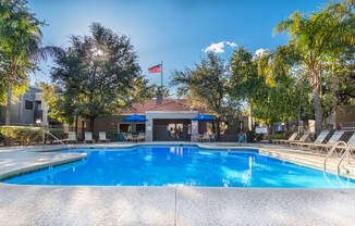 Estancia pool view with nice trees and lounging space for all