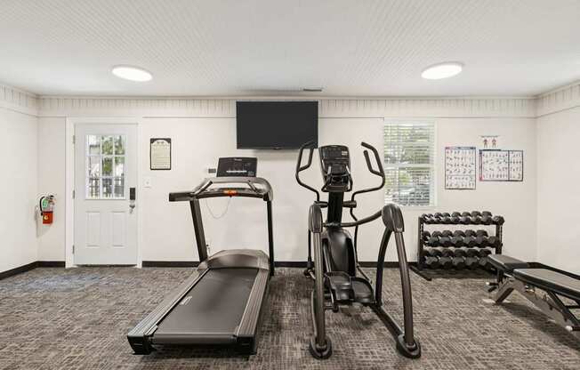 A gym with a treadmill, a stationary bike, and a bench press.