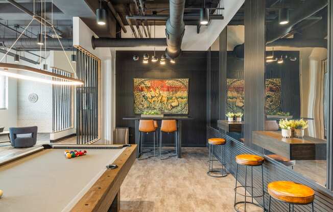 a game room with a pool table and a bar at EagleRidge Plaza Residences, North Dakota