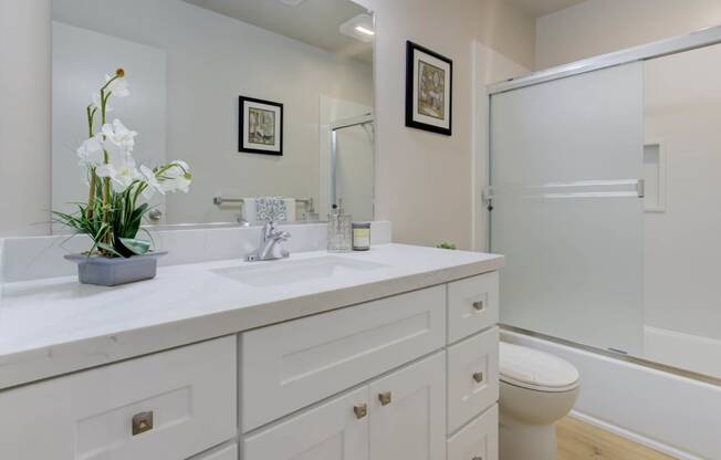 a bathroom with a white sink and toilet next to a white bathtub