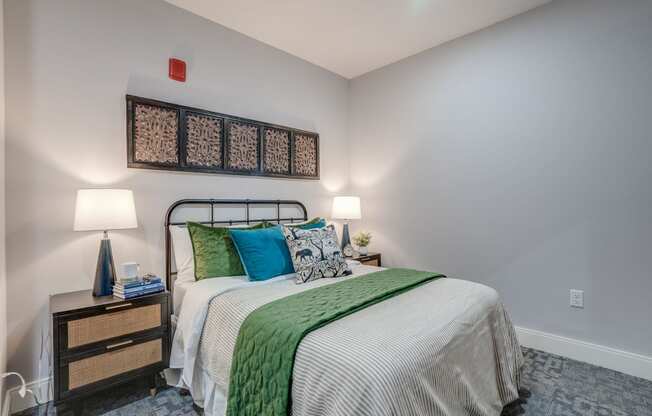 a bedroom with a bed and two lamps