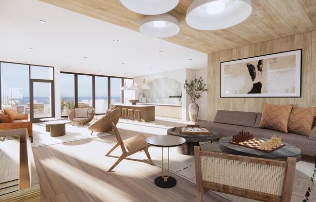 Sky lounge with ocean views, comfortable seating, and outdoor terrace at Modera Revere Beach apartments near Boston.