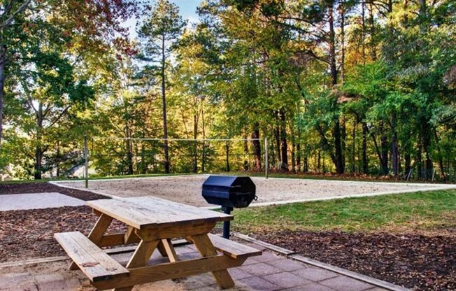 a picnic table with a grill in a park