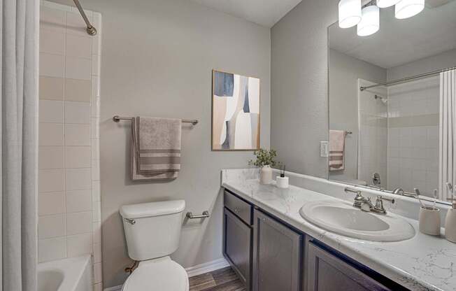 A bathroom with a toilet, sink, and mirror.
