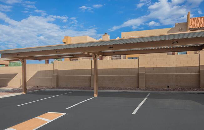 an empty parking lot in front of a building