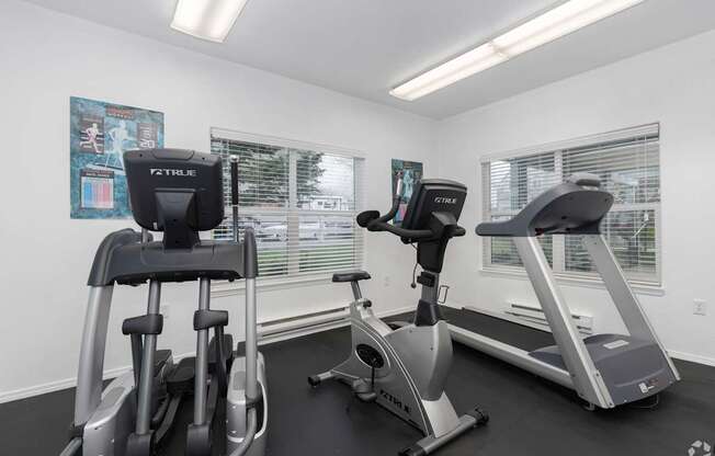 A gym with a treadmill and elliptical trainer.