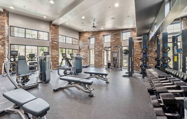 A gym with a variety of equipment including treadmills, weights, and benches. at The Laurel Apartments, Chandler Arizona