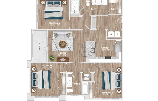3 beds, 2 baths, 1,316 sqft, $1,999, Unit 1-201