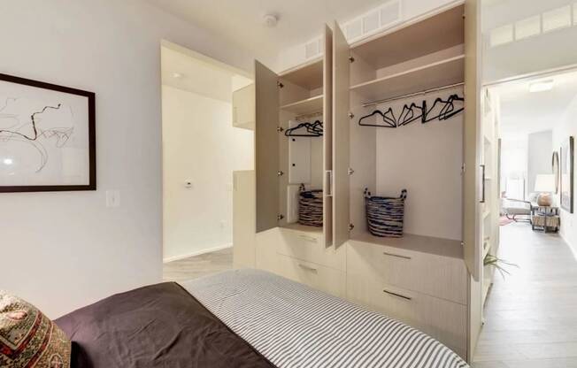 a bedroom with a bed and a closet