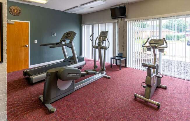 A gym with treadmills and elliptical machines.