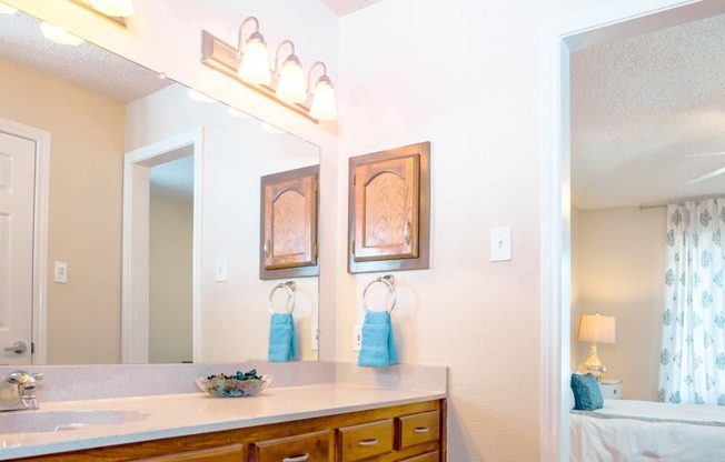 Bathroom with large vanity and drawers at Chisholm Place Apartments in Plano, TX