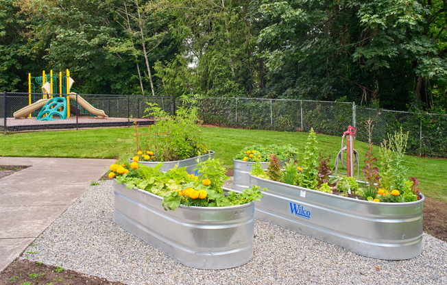 three stainless steel containers filled with flowers in front of a playground at Woodcreek, Washington