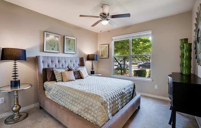 Bedroom with Double Windows and Ceiling Fan
