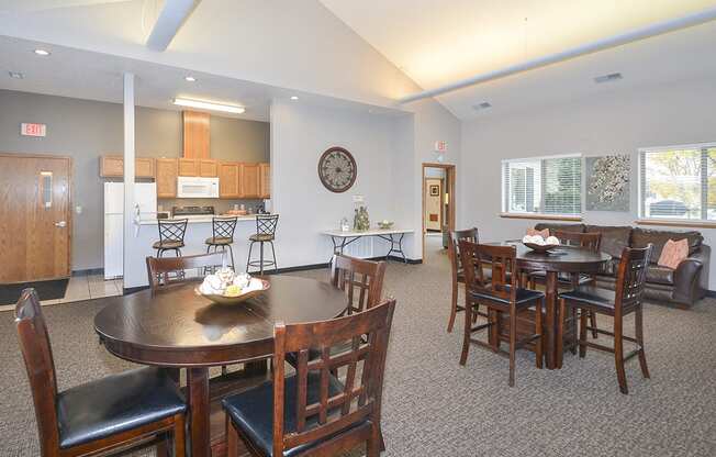 Clubhouse Kitchen, Lounge and Dining Area with Vaulted Ceilings